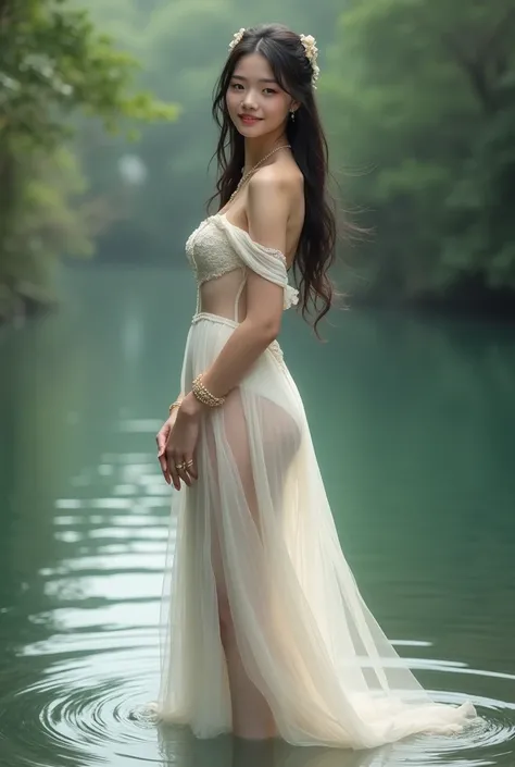 A realism asian girl, in a river side, wearing a off shoulder transparent wedding frock, beautiful white wedding frock, earrings, necklace, bracelets, rings, leg rings, full body shot, high heels, light smile, full body, showed full body, without underwear...