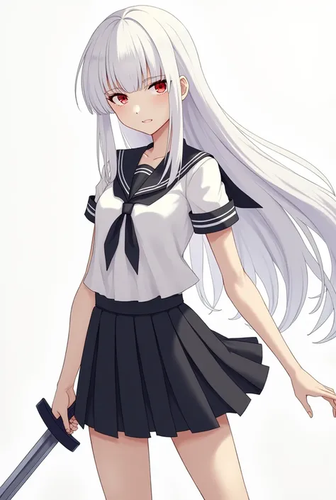 White hair anime girl red eyes full body school uniform holding a sword