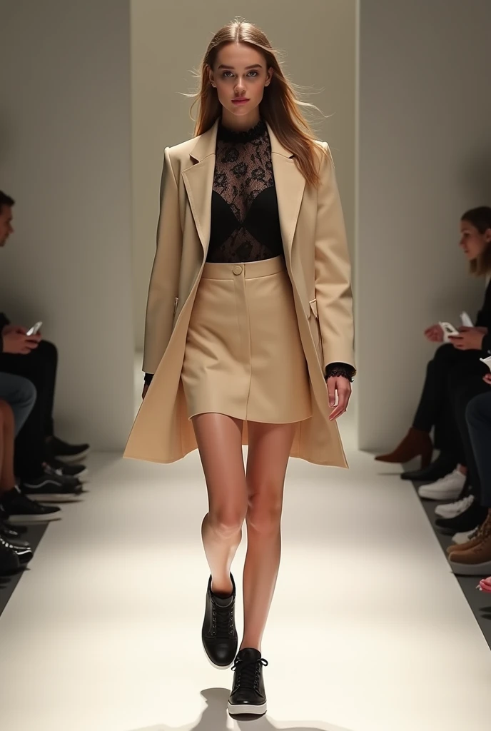 Model on the runway wearing beige high school skirt tailoring ,  black lace blouse with long sleeves beige suit and black sneakers model Adidas Samba