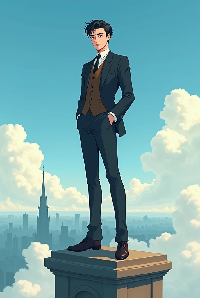 A 20-year-old white man with black hair in a formal suit without a tie with a vest, above a church at the tip ,  waving forward with blue sky , Anime type without a tie in the year 1900 with a city in the background 1900 year 