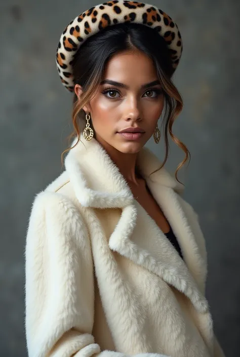 High resolution photograph of a Beautiful latina woman  studio lighting photo realistic wearing a beautiful white leopard skin pattern coat and matching french beret grey textured background hair pinned up with blonde highlights in her hair 