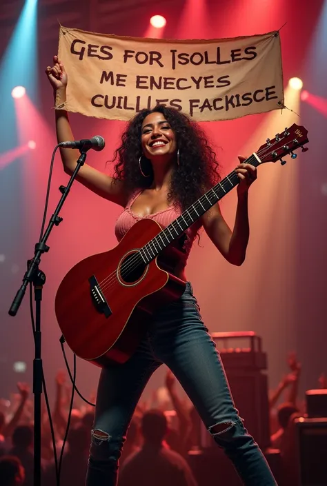 ne belle fille latin sexy et souriante, guitar a la main en concert,tenant une banderolle avec inscription : tu es parti