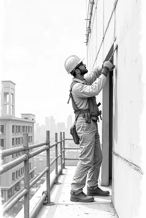 Cam your make a sketch of a plaster working on the scaffold on a commercial building spreading plaster on the wall 