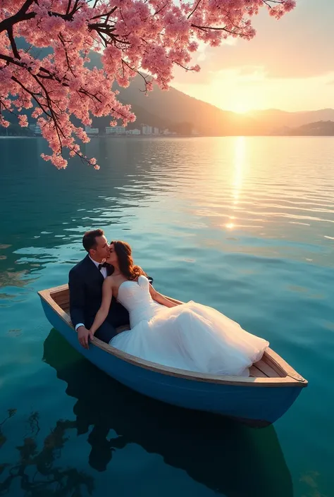 high quality, 8K Ultra HD, drone shot wedding  couple on a small blue boat lying down, sunset coast should serve as the underlying backdrop, with its details incorporated into the goddess , crisp lines, The background is monochrome, sharp focus, double exp...