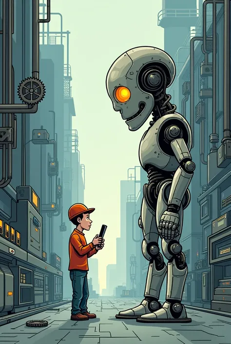 Create a critical cartoon about the technology ,  artificial intelligence ,  replacement of man by technology 