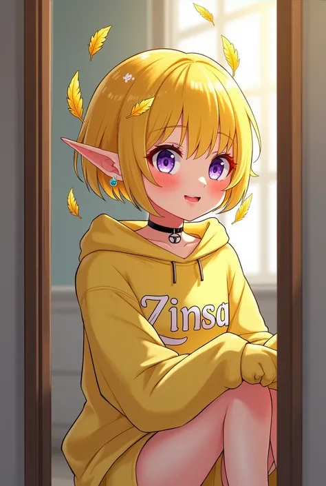  A teenage girl . with short yellow hair . the sweatshirt doesnt cover the oboros {x} in her yellow hair she has yellow feathers sprinkled all over her hair.She doesnt have ears .  the skin seals slightly yellow .  her eyes are purple  . she has a collar ....