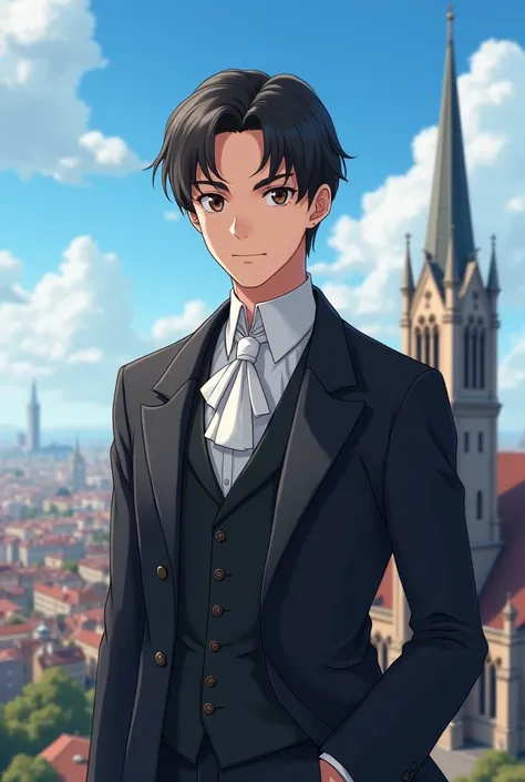  Indications
Copy instructions
A 20-year-old white man with black hair in a formal suit without a tie with a vest, above a church at the tip ,  greeting forward with the blue sky , Anime type without a tie in 1890 with a city in the background year 1890 ab...