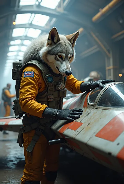 Anthropomorphic Iberian wolf male pilot in Star fox universe in the hangar fixing his X-wing fighter jet 