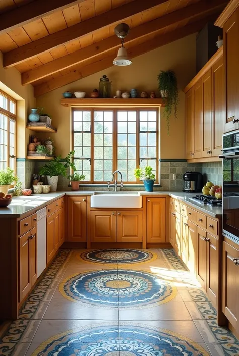  A room with a kitchen with oak furniture and tiles with blue and yellow mandalas,  an island in the middle with kitchen appliances .  shades of yellow and blue . Large windows and light inputs 
