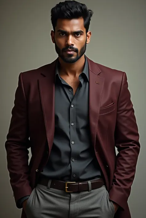 Tamilian dark skin man wearing dark grey shirt and grey pants with burgundy blazer
