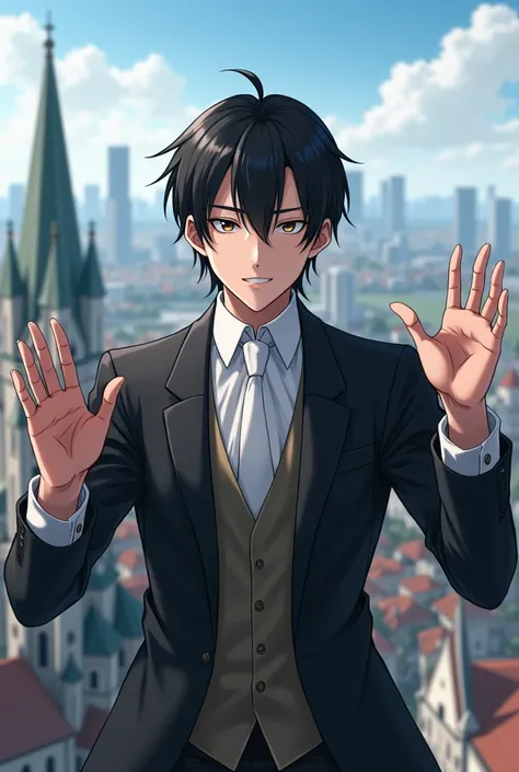  Indications
Copy instructions
A 20-year-old white man with black hair in a formal suit without a tie with a vest, above a church at the tip ,  greeting forward with the blue sky , Anime type without a tie in the year 1890 with a city in the background yea...