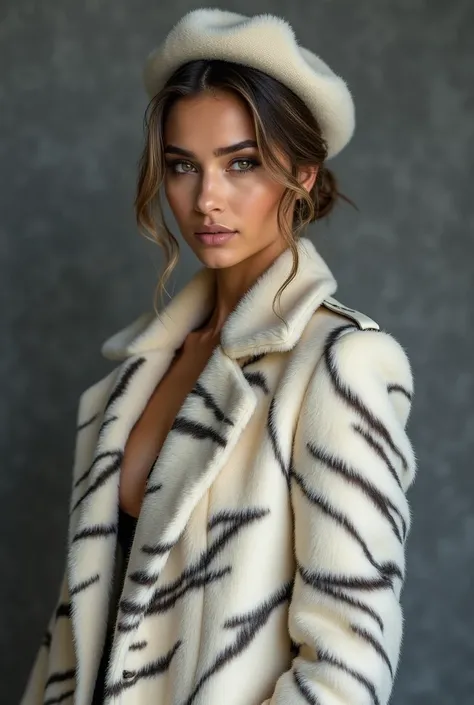 High resolution photograph of a Beautiful sexy latina woman  studio lighting photo realistic wearing a beautiful white tiger skin pattern coat with matching french beret grey textured background hair pinned up with blonde highlights in her hair 