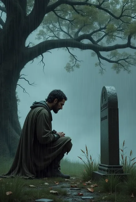 Create a man ,  the man must be kneeling in front of a headstone, The headstone must be next to an oak tree,  the weather must be stormy and it must be raining , The man must be dressed in medieval clothes 
