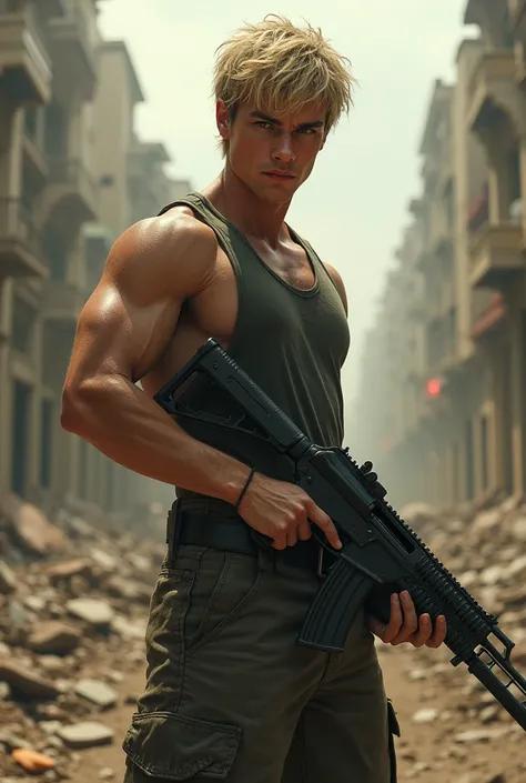 Handsome young man with short blond hair holding a gun in dark clothes against a backdrop of a ruined city, Dirty with blood and dust 