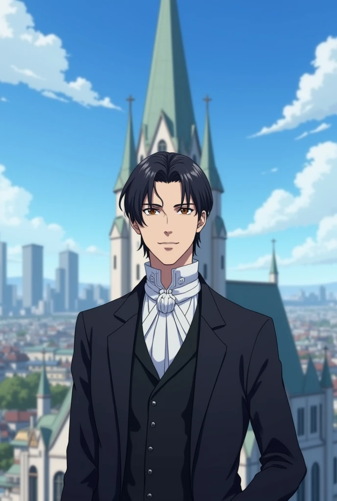  Indications
Copy instructions
A 20-year-old white man with black hair in a formal suit without a tie with a vest, above a church at the tip ,  greeting forward with the blue sky , Anime type without a tie in the year 1890 with a city in the background yea...