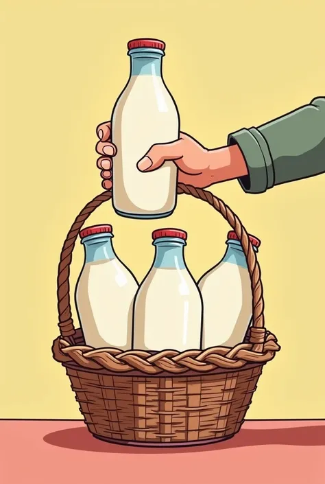 drawing of a hand holding a bottle of milk, as if it were being taken out of a basket, which contains four bottles in cartoon style