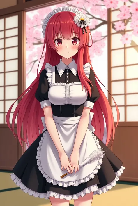 An anime version maid with long red hair 