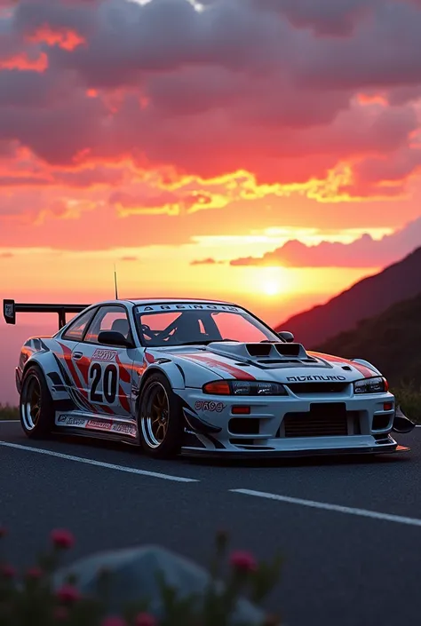 Nissan 180SX is standing on Mount Akina, fully tuned with a bumper, side skirts, and a spoiler. In the background, theres a sunset and the flag of Japan.

