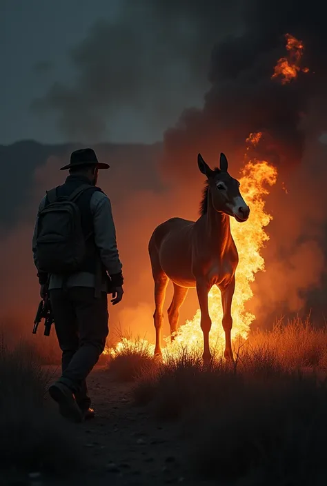 A lone hunter finding a headless mule at night, with intense flames 