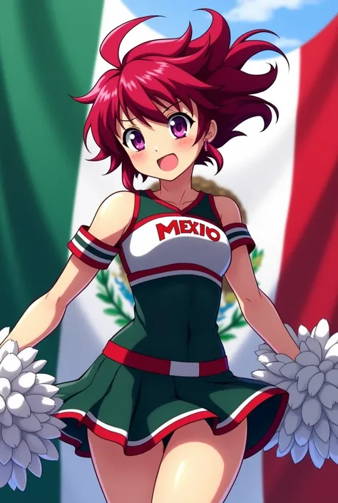  screenshot of Boku no Hero Academia a girl with purple eyes,  and with crimson hair and a tuft , dressed as a cheerleader ,  and the Mexican flag behind her 