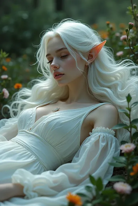 fair white elf queen with white hair, wearing white and injured on the ground