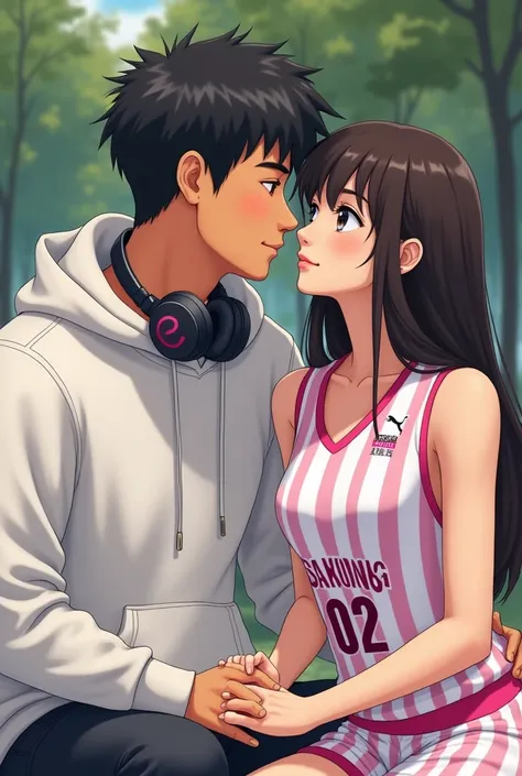 indonesian teenager couple that a stout man with slightly messy hair blowout mid taper fade haircut  wearing white boxy hoodie with a headphone around his neck,  his chinese beautiful girlfriend that wearing basketball jersey from sakura junior team that n...