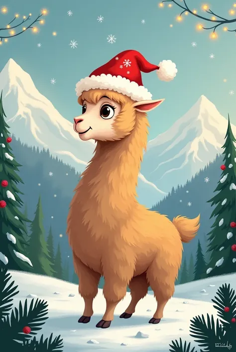  Disney style, An Andean animal llama with a Christmas hat as if it were Santa Claus