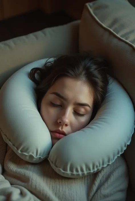 Sad woman using a inflatable collar that engulfed her neck while lays of sofa