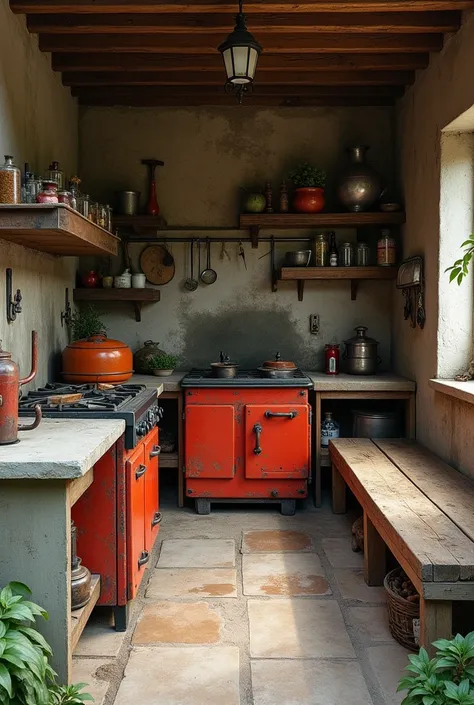  Create an old garden kitchen , It is rectangular ,  imagine that we are looking in front of a 4 m wall and the right and left arms are on the side of the smaller walls that are 3 m .  On the left wall there is a counter made of cement and painted red maki...