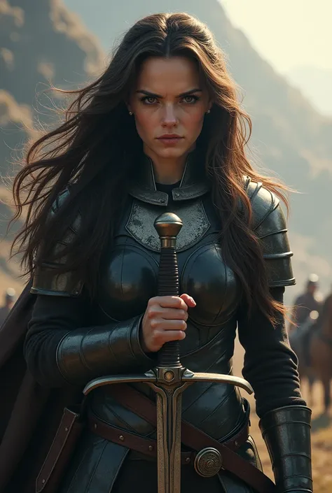 a beautiful female warrior, Emma Watson, long dark hair, fierce expression, armored outfit, holding a sword, dramatic lighting, fantasy landscape, cinematic composition, epic battle scene, digital painting, hyper detailed, vibrant colors, dramatic atmosphe...