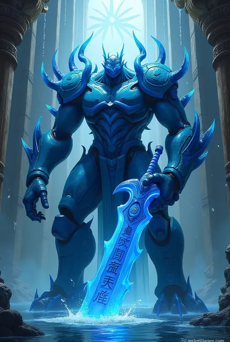 Create Yu-Gi-Oh  & Final Fantasy a large blue suijin-style machine with blue mechanical arms with water kanji runes on the shoulders and abdomen with expressionless blue eyes holding a blue mechanical blade with kanjis water runes in a water temple exhalin...