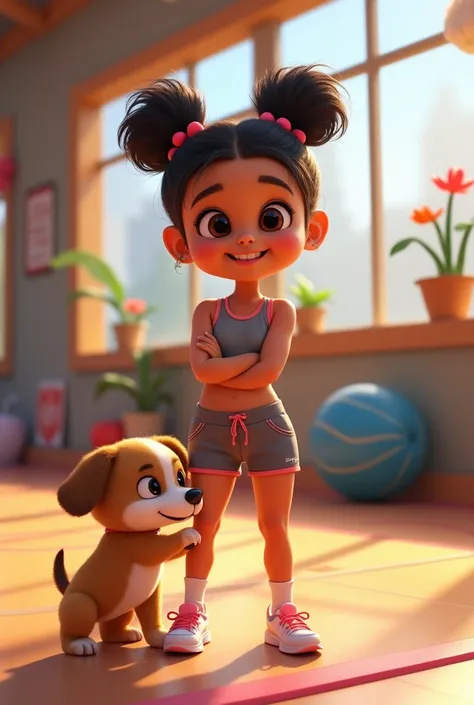 Girl in covered gym tights shorts, in gym written manahil Rana in background, with cute puppy, pixar style