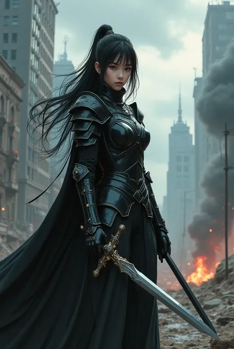  A warrior girl wearing black armor, Holding a sword , with an apocalyptic background , ultra detailed, ultra realistic , anime style 