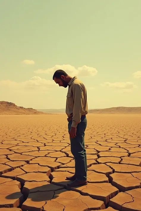 A view of a desolate field whose land is dry and full of cracks. The farmer is distressed, standing in the middle of the field, head bowed and a look of depression on his face. The sky is cloudless and the sun feels warm."