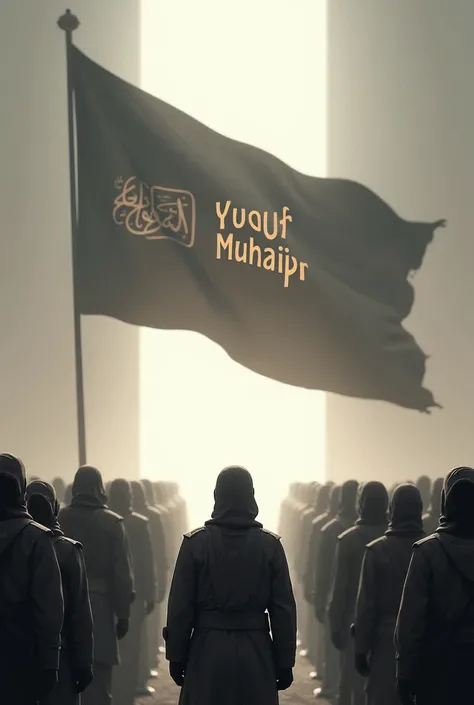 Draw an army of soldiers, their faces should not be visible, there should be white light on their faces and a big flag (YUSUF MUHAJIR) behind them, inside the flag should be written ("YUSUF MUHAJIR")
(YUSUF MUHAJIR) Flag summer
Flag name : YUSUF MUHAJIR