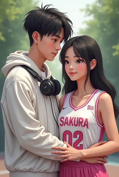 indonesian teenager couple realistic pict, a stout man with slightly messy hair blowout mid taper fade haircut  wearing white boxy hoodie with a headphone around his neck,  his chinese beautiful girlfriend that wearing basketball jersey from sakura junior ...