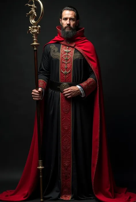 Grand prêtre satniste sethien vêtu de noir et de rouge tenant le sceptre de Seth sur un fond noir 