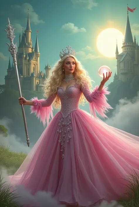 glinda good witch of the north, silver long crown on head, blonde curly hair, big pink fluffy dress, a long magic silver scepter in her one hand, while another has magical glowing power and casting a spell, she is in a bubble in sky and behind her castle i...