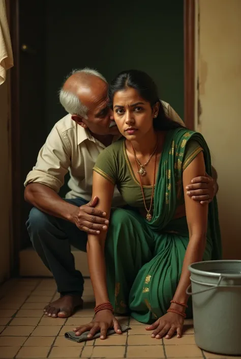 A beautiful south Indian maid, 1woman, hourglass body, sweaty, stressed, work pressure, serious expressions, green saree, tight blouse, ((no jewellery) she looks like poor house maid),squatting position, (cleaning floor tiles with a cloth, beside a bucket ...