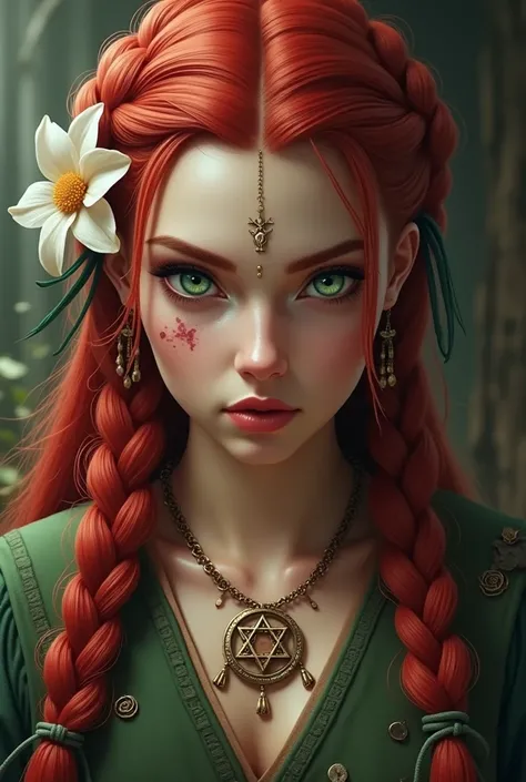  A woman who has red hair with green ribbons braided on both sides and a white flower accessory on the left side of her hair.  She wears a gold necklace with a circular pendant that has a Star of David .  green eyes, Red eyebrows, And red lips. She is a No...