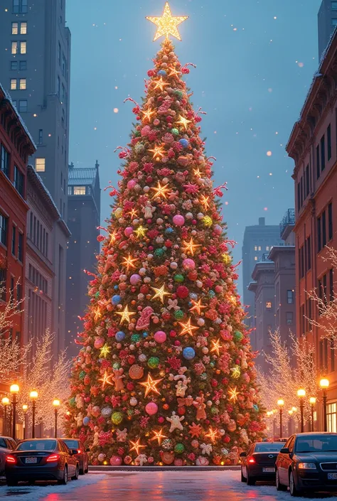 A large Christmas tree in a natural urban street setting, completely adorned with Christmas-themed candies and cookies. The decorations include candy canes, gingerbread cookies, colorful sugar cookies, and other festive sweets, covering the tree densely al...