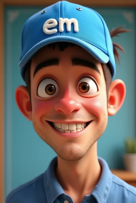 Create an image of a man wearing a blue Pixar-style cap that says “em” the Aguilar cap 