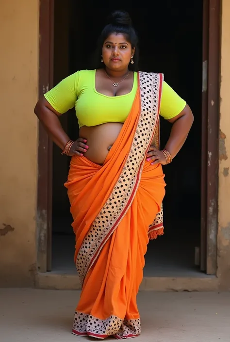 Indian extreme plus size BBW chubby fat busty dark skinned wide woman with very large breast and very large curvey figure and wide shoulder and hair bun and wearing lime deep neck tight fitting blouse with displaying cleavage and display navel and fat arm ...