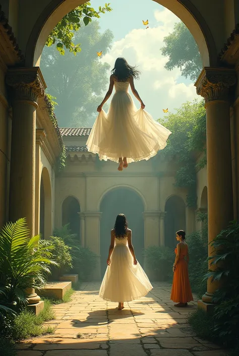 From the work of Gabriel García Márquez , One Hundred Years of Solitude,  I need you to generate an image for me of the scene in which Remedios the beauty ascends to the heavens, Emphasize in the courtyard where what happened happens because that is what i...