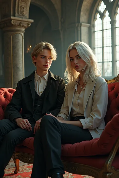 Two teenagers, one blonde wearing Vibe Dark Academy clothing with light brown eyes and the other is a white woman with platinum hair and flashy light green eyes wearing a stylish 80s outfit. They are two friends on the couch in an old castle 