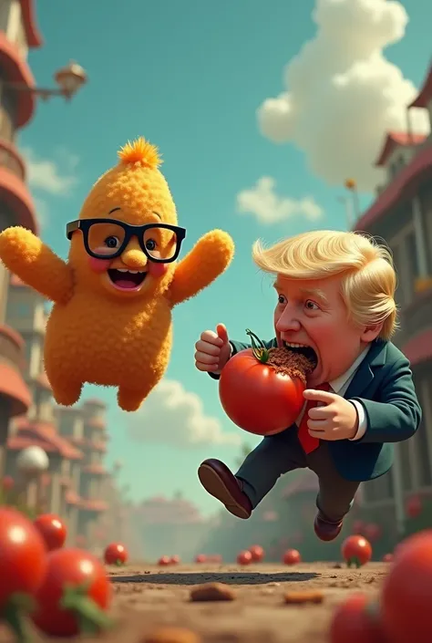 Chicken nugget with glasses flying in a magical trump who is eating a rotten tomato with funcky toed