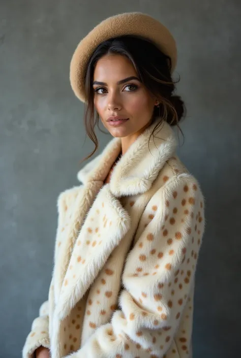 High resolution photograph of a Beautiful latina woman  studio lighting photo realistic wearing a beautiful white leopard skin pattern coat and matching french beret grey textured background hair pinned up with blonde highlights in her hair 