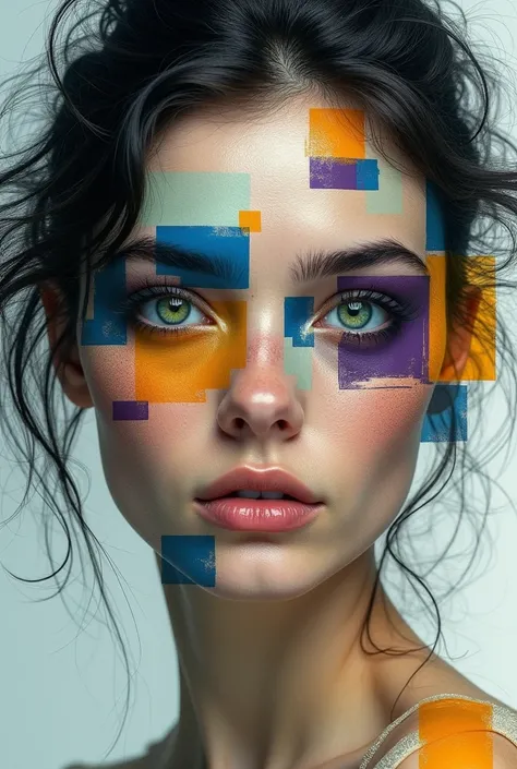 ❤️
A surreal and fragmented portrait of a woman, blending hyperrealistic details with abstract geometric patterns. Her piercing, vivid green eyes are the focal point, radiating intensity and emotion, framed by tousled dark hair. The face is divided into in...