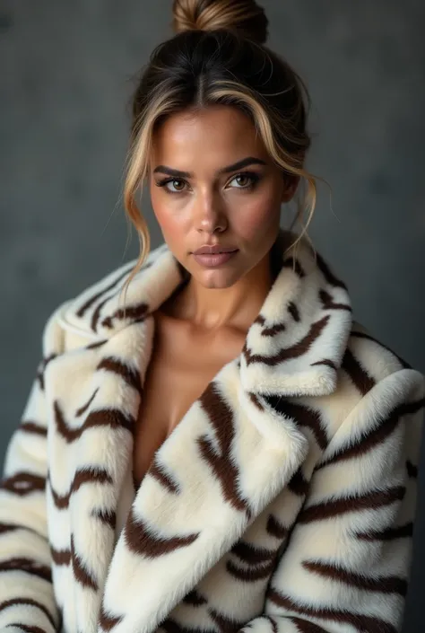 High resolution photograph of a Beautiful sexy latina woman  studio lighting photo realistic wearing a beautiful white tiger skin pattern coat  grey textured background hair pinned up with blonde highlights in her hair 