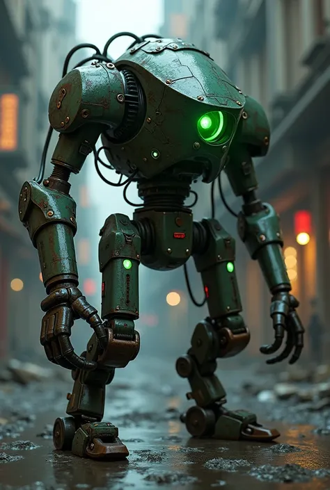 A cyberpunk robot with black green details made with scrap